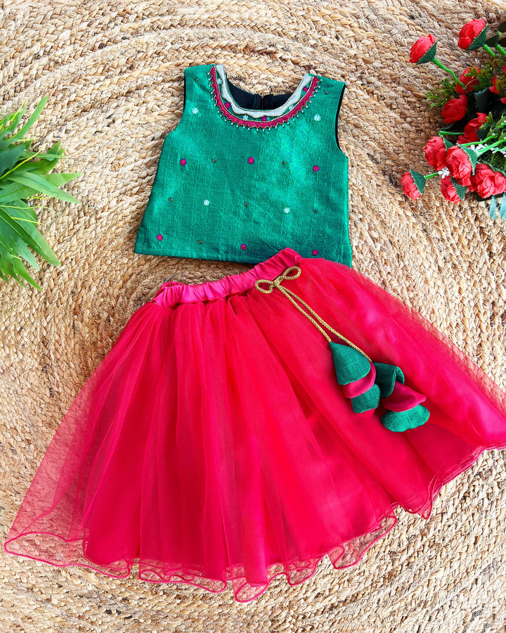 Rama green and Rany pink ethnic skirt and top, handwork birthday dress for baby girls