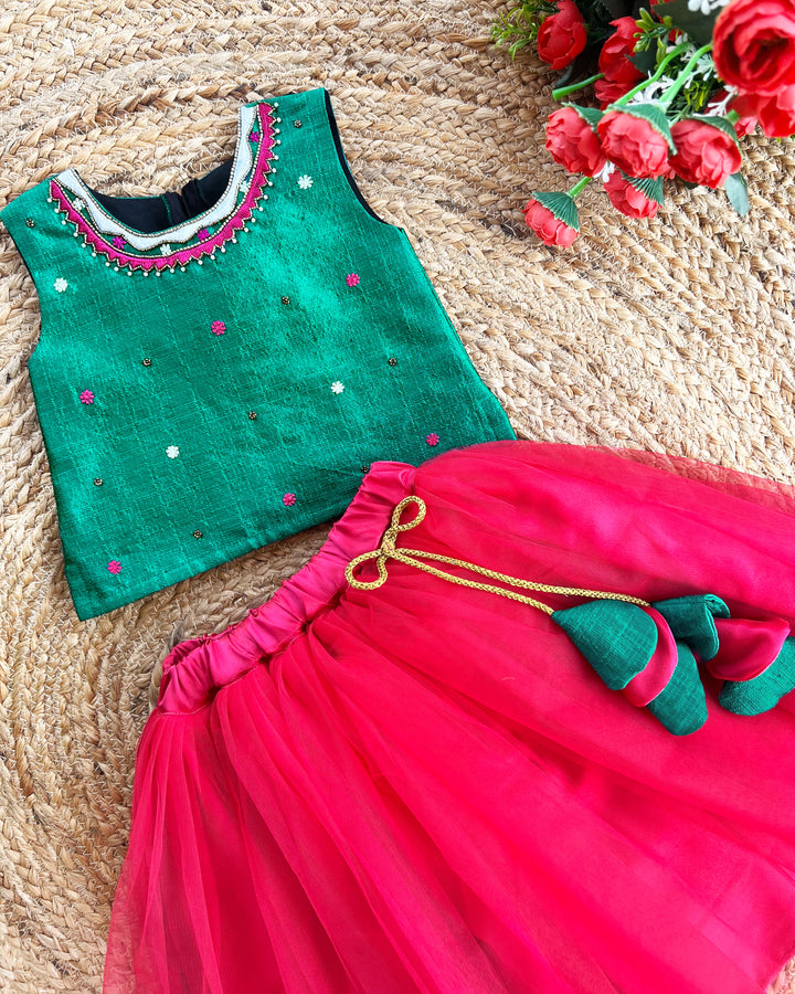 Rama green and Rany pink ethnic skirt and top, handwork birthday dress for baby girls