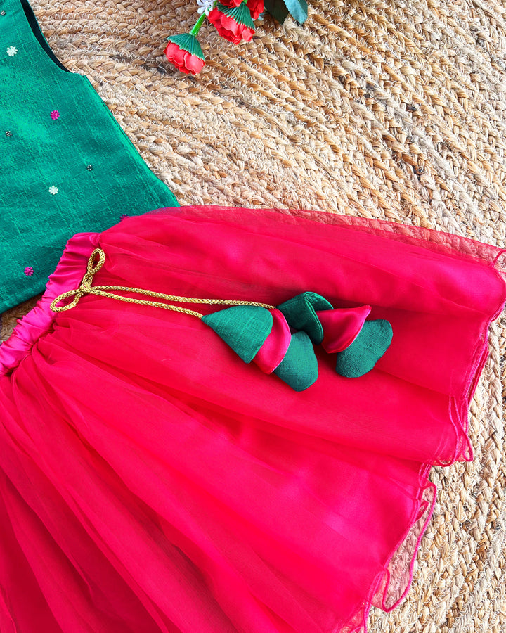 Rama green and Rany pink ethnic skirt and top, handwork birthday dress for baby girls