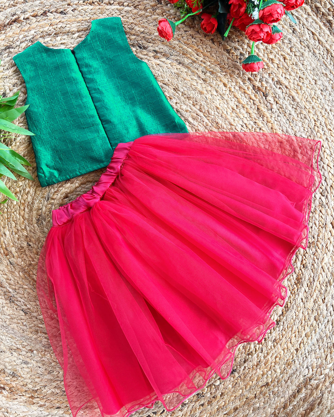 Rama green and Rany pink ethnic skirt and top, handwork birthday dress for baby girls