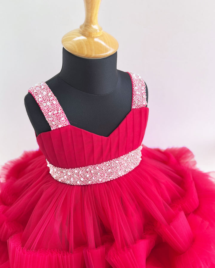 Rani Pink Baby Girls Birthday Dress, Handwork Party Wear Frock, Premium Kids Birthday Outfit, Baby Girl Party Dress