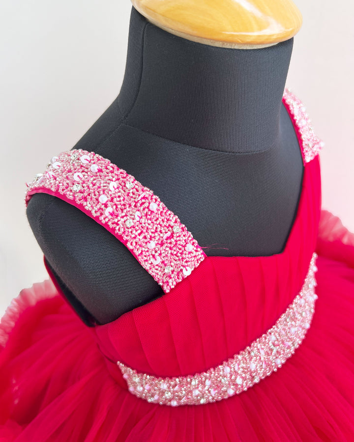 Rani Pink Baby Girls Birthday Dress, Handwork Party Wear Frock, Premium Kids Birthday Outfit, Baby Girl Party Dress