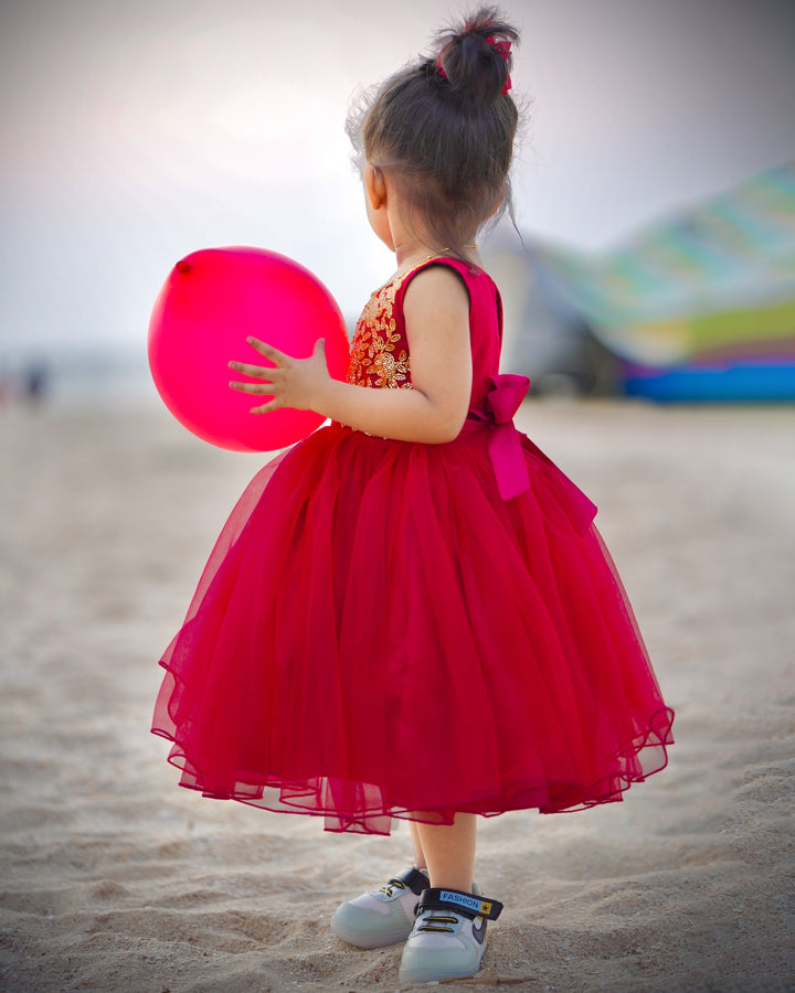 "Reddish maroon handworked partywear frock, baby girls birthday dress, elegant party dress"