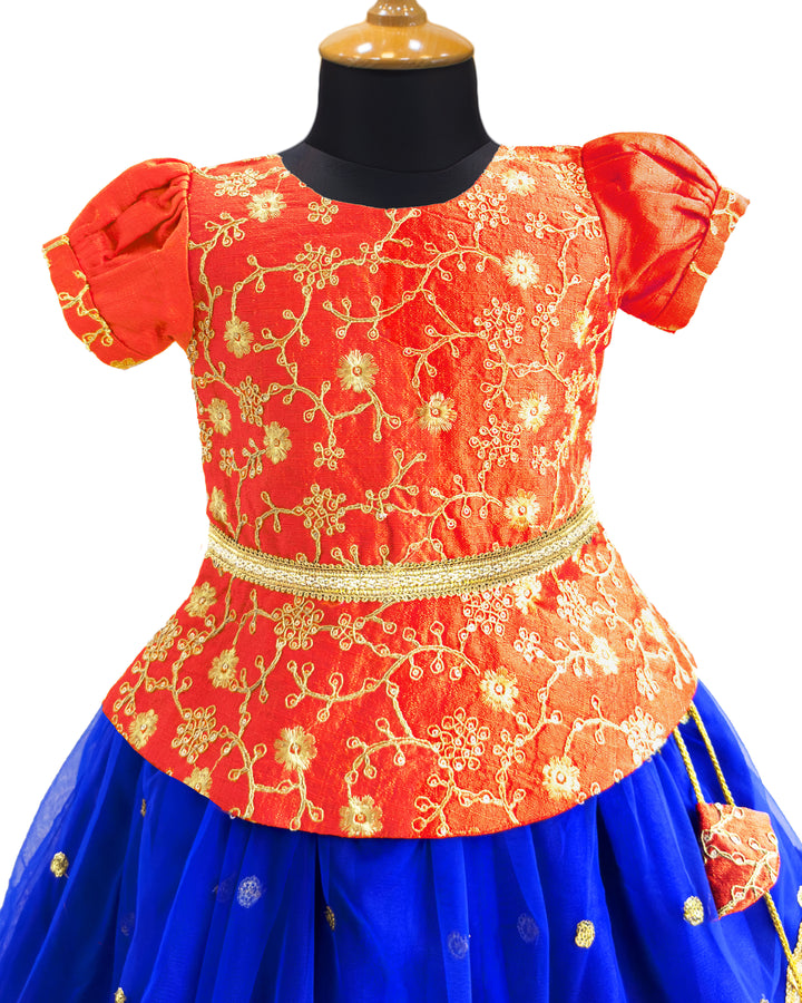 Royal blue and orange sequin embroidery lehenga choli for baby girls
South Indian traditional birthday dress for girls
Sequin partywear lehenga for toddlers
Flared lehenga choli set for baby girls
Royal blue orange festive dress for kids
Designer birthday outfit for baby girls
Stanwells Kids ethnic partywear lehenga