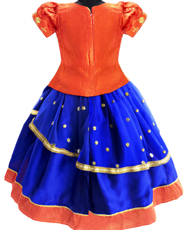 Royal blue and orange sequin embroidery lehenga choli for baby girls
South Indian traditional birthday dress for girls
Sequin partywear lehenga for toddlers
Flared lehenga choli set for baby girls
Royal blue orange festive dress for kids
Designer birthday outfit for baby girls
Stanwells Kids ethnic partywear lehenga
