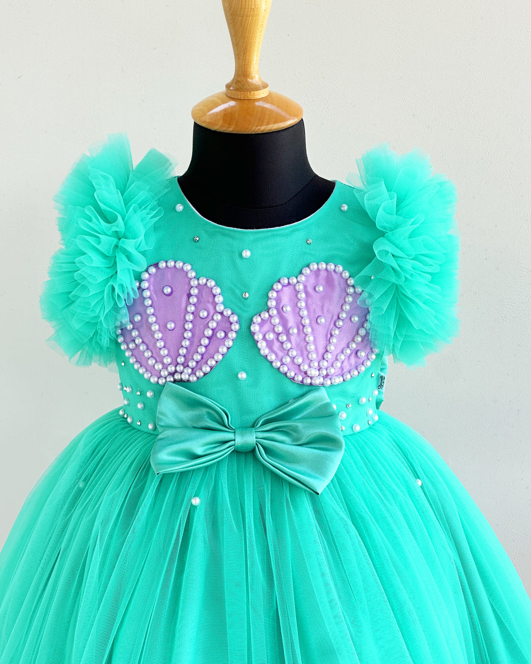 Sea green lilac combo baby girl birthday dress, sea shell theme gown, ruffles party wear frock, kids birthday outfit for girls