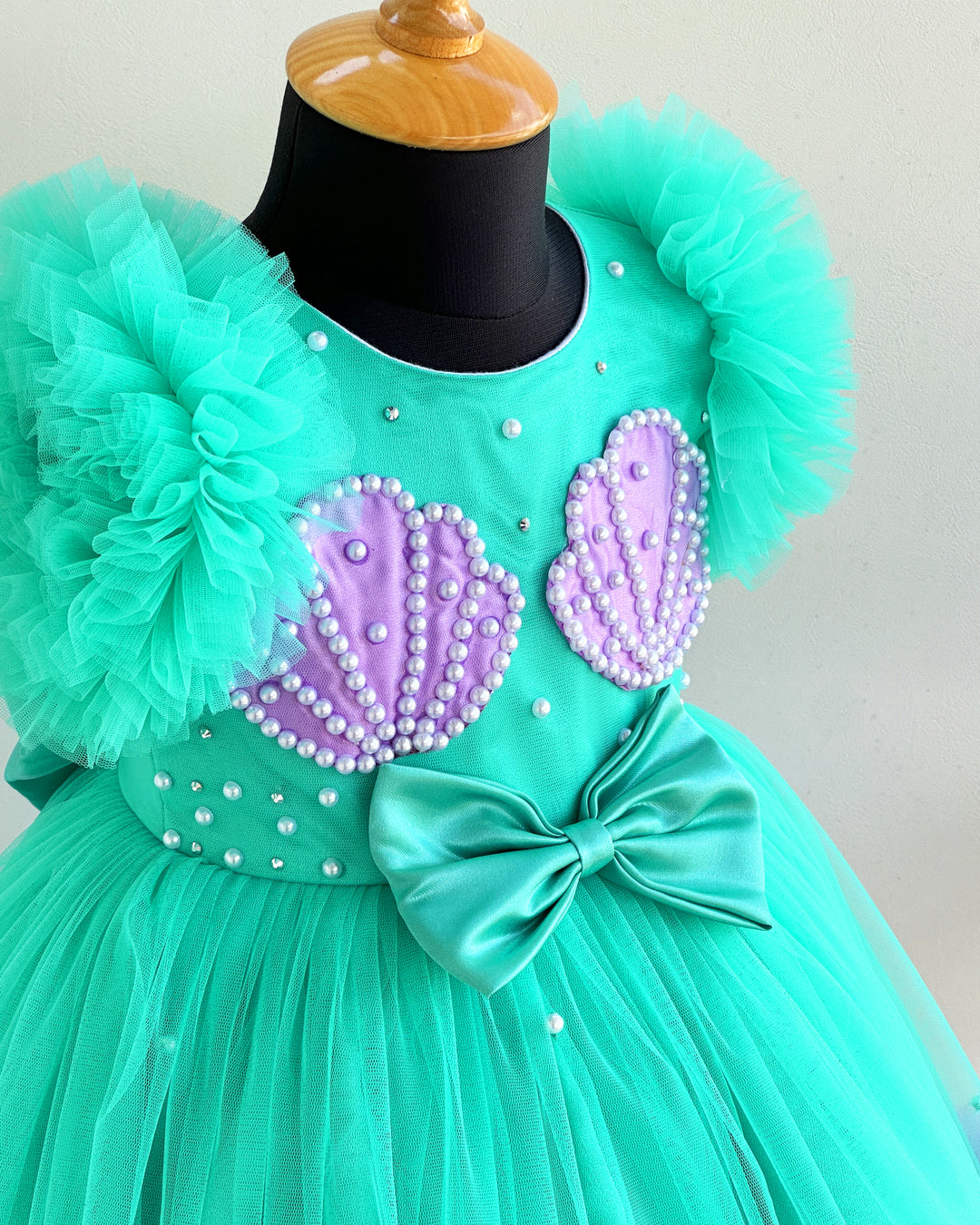 Sea green lilac combo baby girl birthday dress, sea shell theme gown, ruffles party wear frock, kids birthday outfit for girls