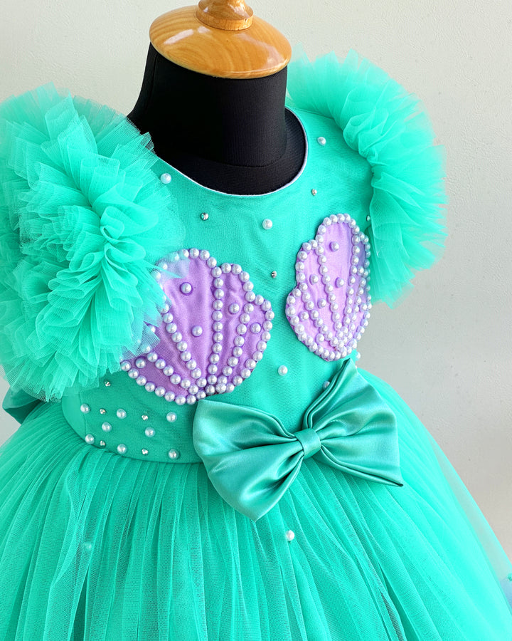 Sea green lilac combo baby girl birthday dress, sea shell theme gown, ruffles party wear frock, kids birthday outfit for girls