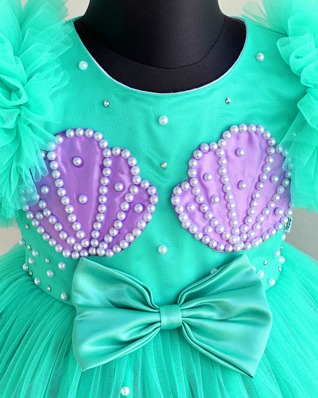 Sea green lilac combo baby girl birthday dress, sea shell theme gown, ruffles party wear frock, kids birthday outfit for girls