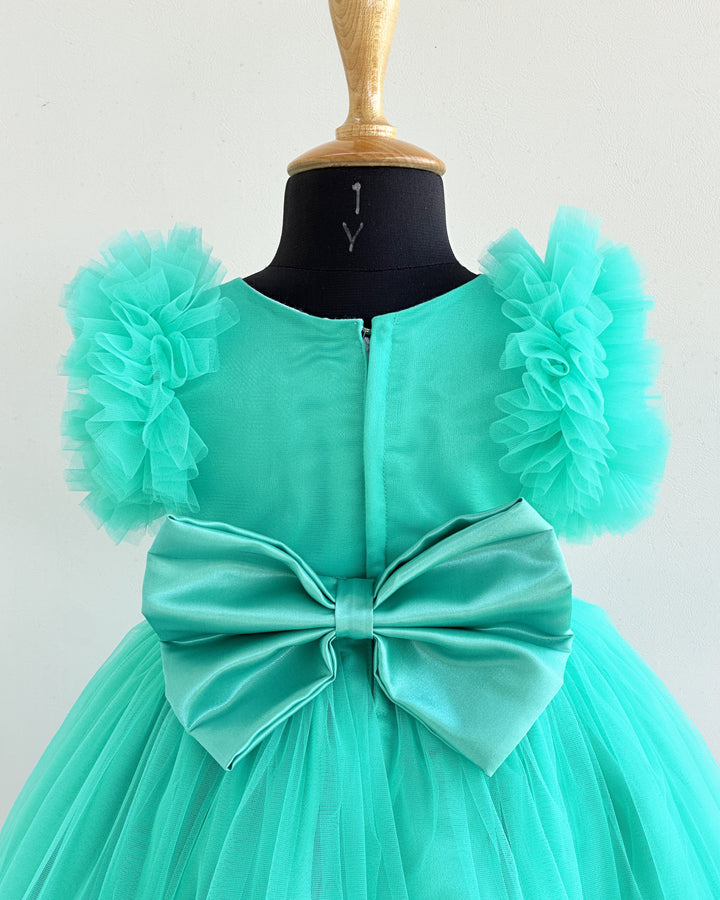 Sea green lilac combo baby girl birthday dress, sea shell theme gown, ruffles party wear frock, kids birthday outfit for girls