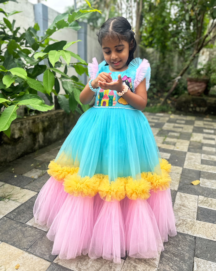 Sky Blue Baby Girls Birthday Dress, Princess Theme Partywear Gown, Multi Shade Kids Birthday Outfit, Baby Girl Party Dress
