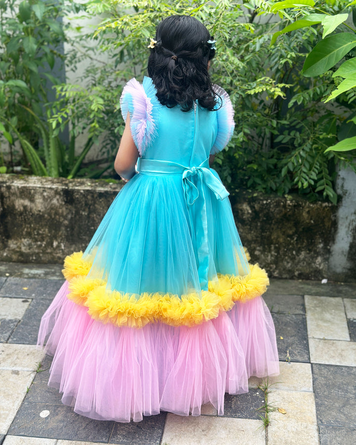 Sky Blue Baby Girls Birthday Dress, Princess Theme Partywear Gown, Multi Shade Kids Birthday Outfit, Baby Girl Party Dress