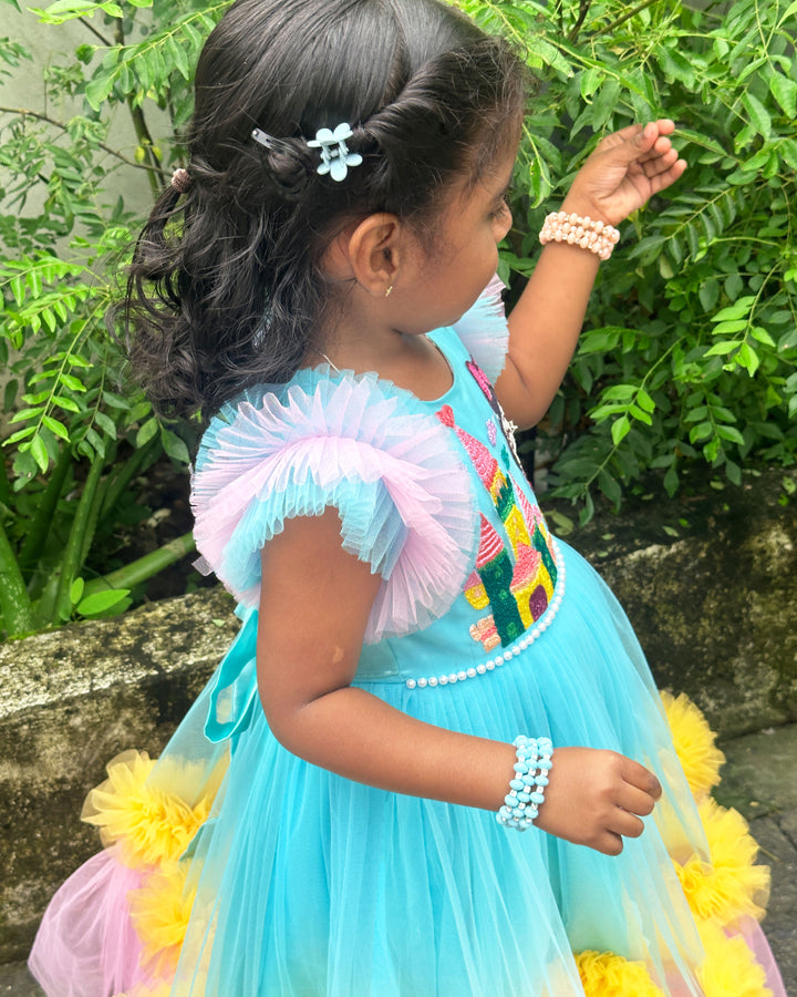 Sky Blue Baby Girls Birthday Dress, Princess Theme Partywear Gown, Multi Shade Kids Birthday Outfit, Baby Girl Party Dress