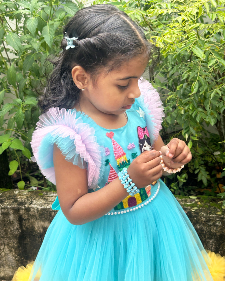 Sky Blue Baby Girls Birthday Dress, Princess Theme Partywear Gown, Multi Shade Kids Birthday Outfit, Baby Girl Party Dress