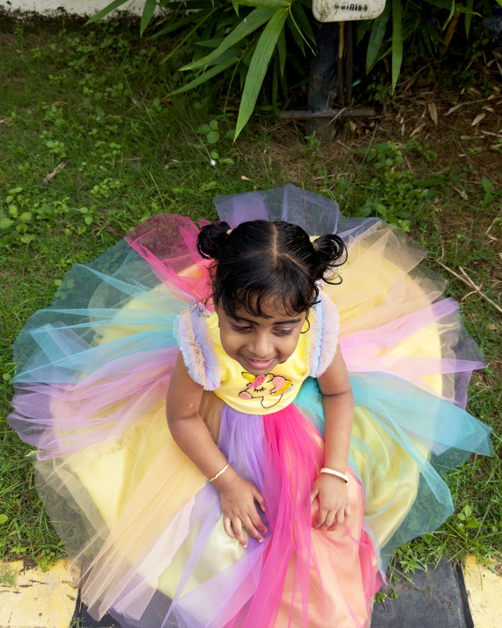 Rainbow unicorn multi-shade party wear frock for baby girls' birthday.