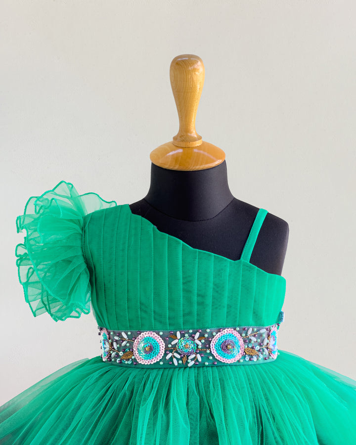 Spring green pastel pink baby girl birthday dress, handwork ruffles frock, pleated party wear dress for kids