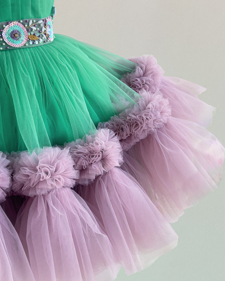 Spring green pastel pink baby girl birthday dress, handwork ruffles frock, pleated party wear dress for kids