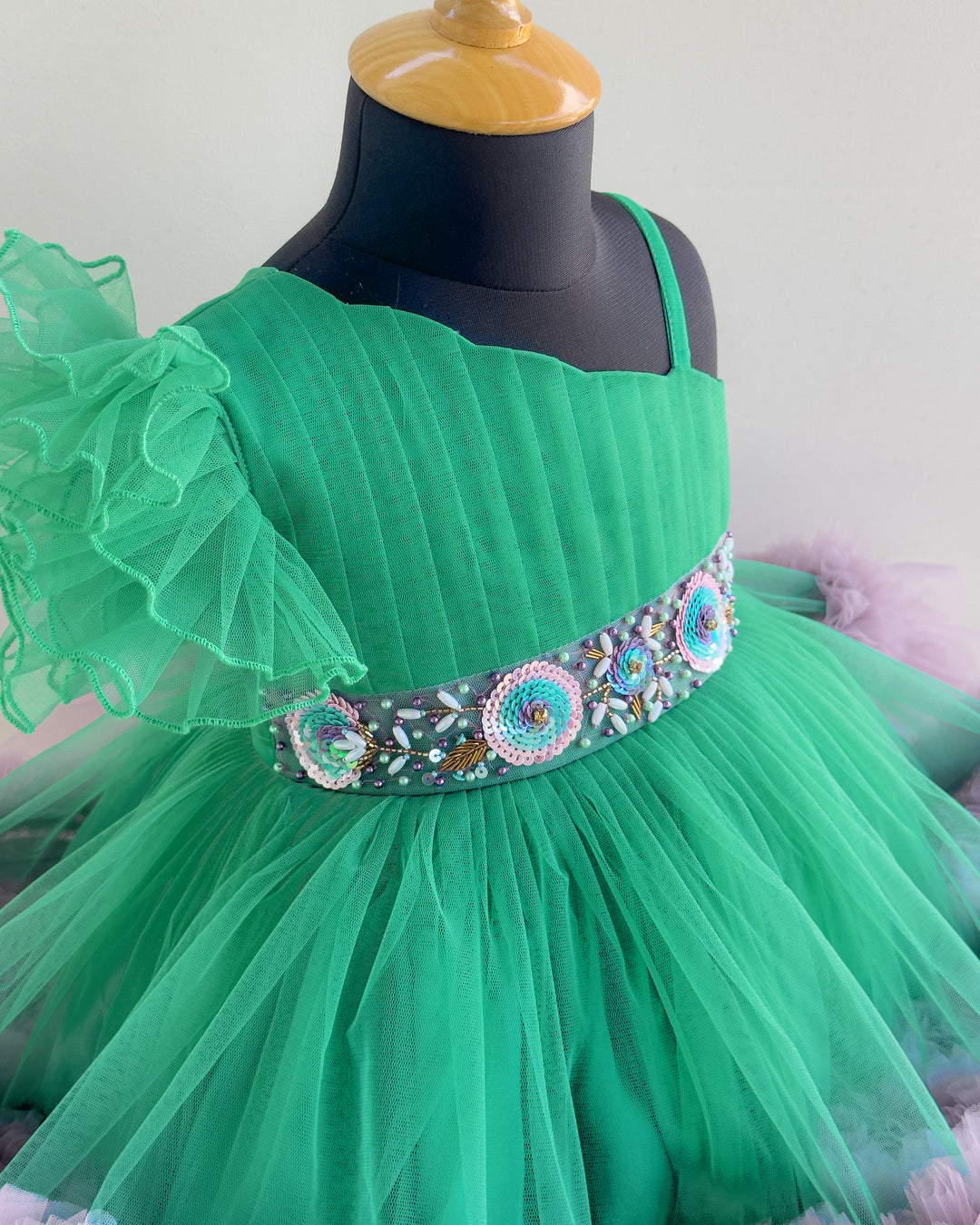 Spring green pastel pink baby girl birthday dress, handwork ruffles frock, pleated party wear dress for kids