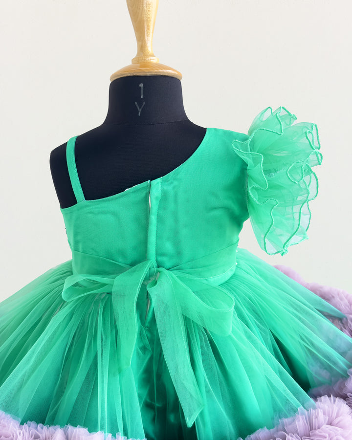 Spring green pastel pink baby girl birthday dress, handwork ruffles frock, pleated party wear dress for kids