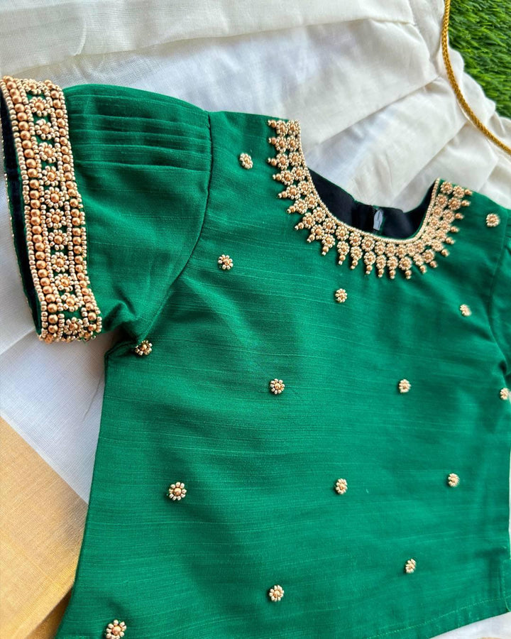Cream & Bottle Green Combo Handwork Traditional Cotton Silk Lehenga Ch