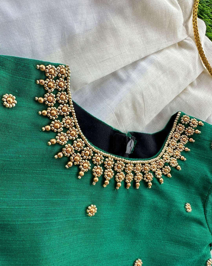 Cream & Bottle Green Combo Handwork Traditional Cotton Silk Lehenga Ch
