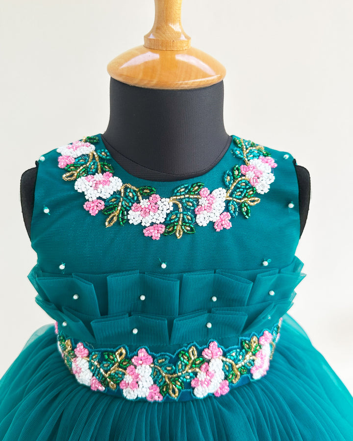 Teal blue flower handwork pleated party dress for baby girls