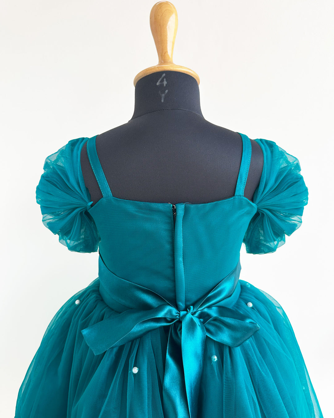 Teal Blue Pearl Handwork Cinderella Gown for Baby Girls, Birthday Dress