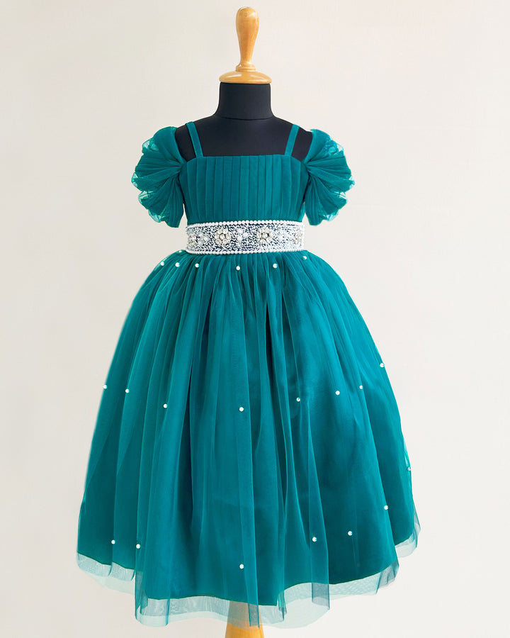 Teal Blue Pearl Handwork Cinderella Gown for Baby Girls, Birthday Dress