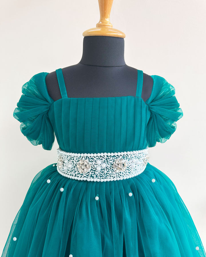 Teal Blue Pearl Handwork Cinderella Gown for Baby Girls, Birthday Dress