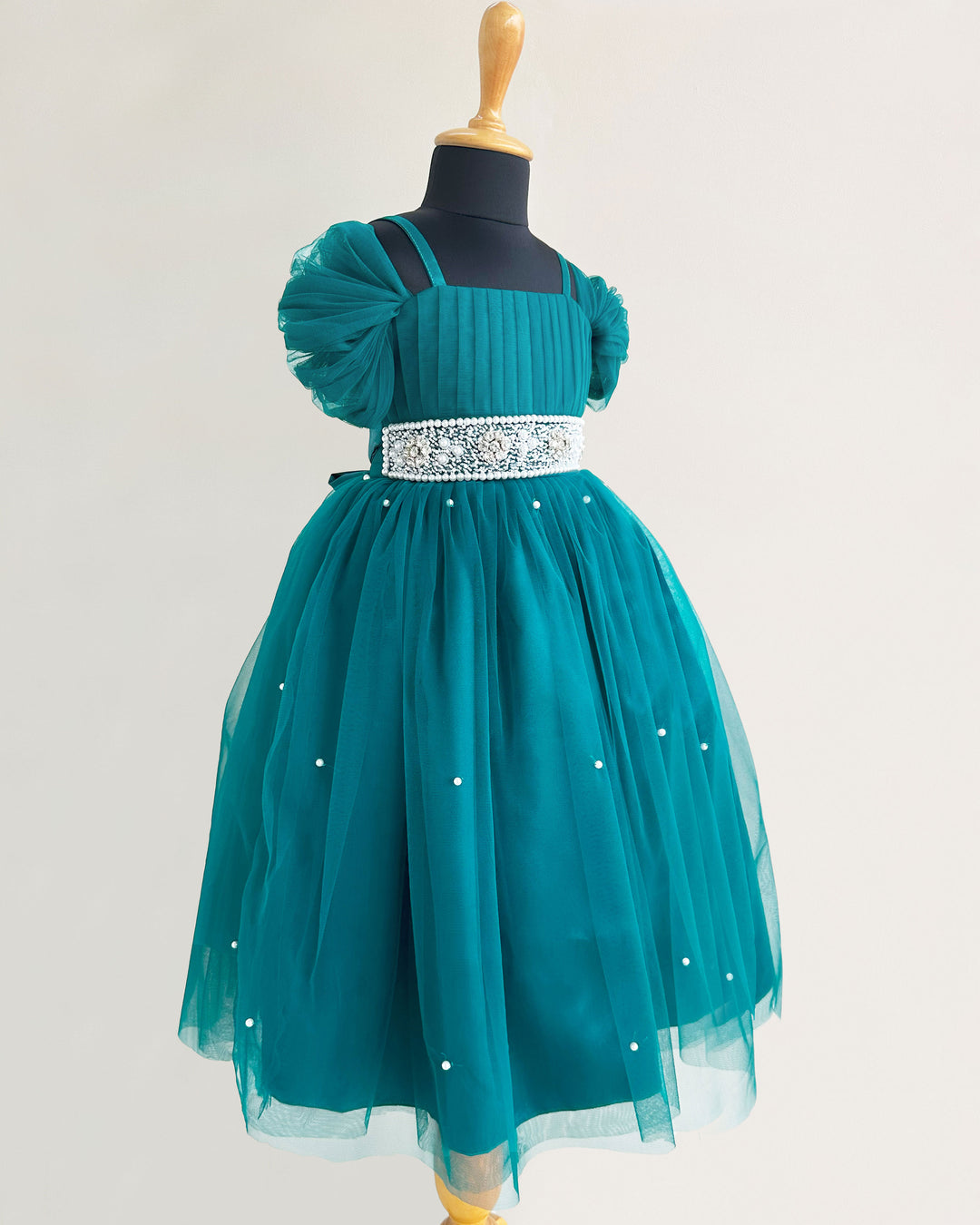 Teal Blue Pearl Handwork Cinderella Gown for Baby Girls, Birthday Dress