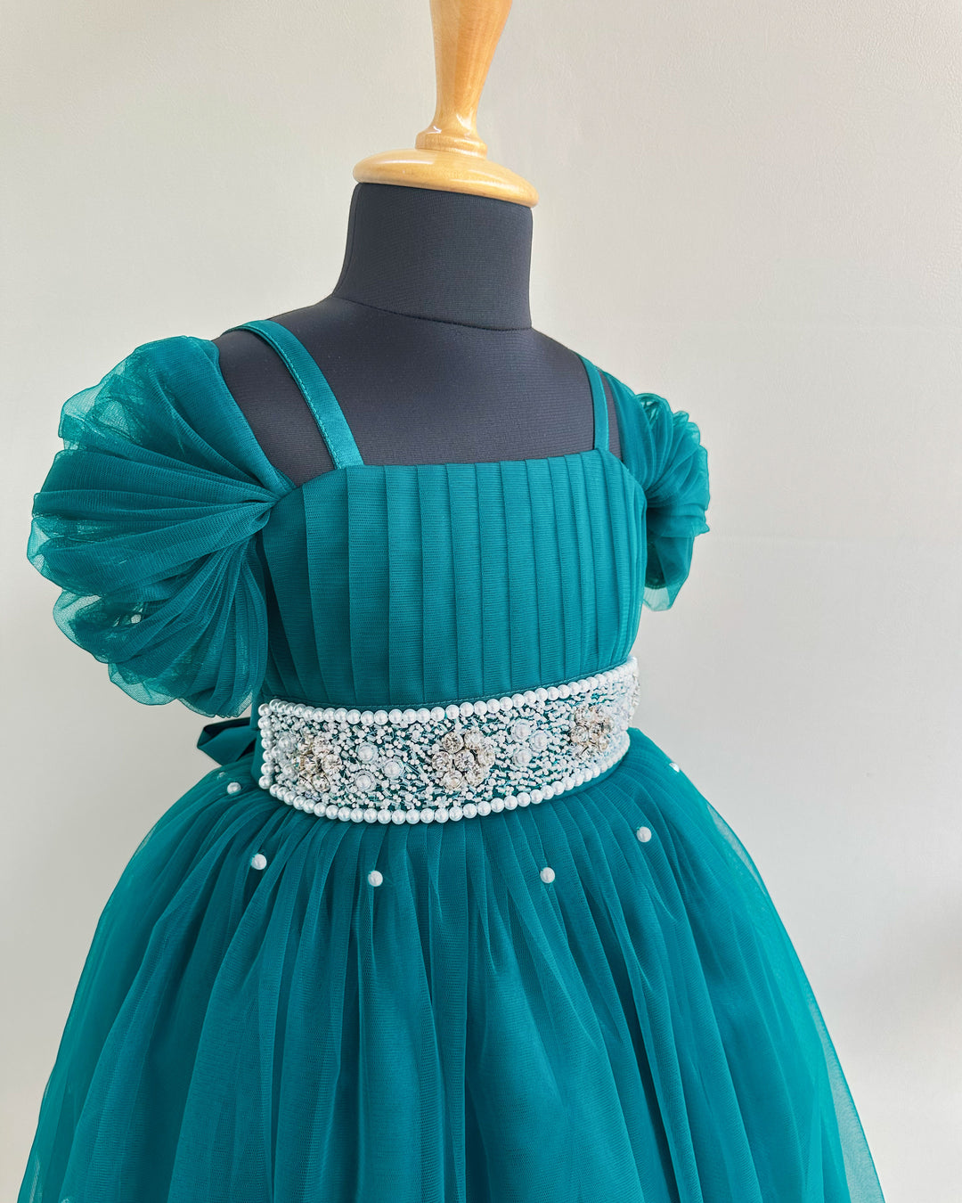 Teal Blue Pearl Handwork Cinderella Gown for Baby Girls, Birthday Dress