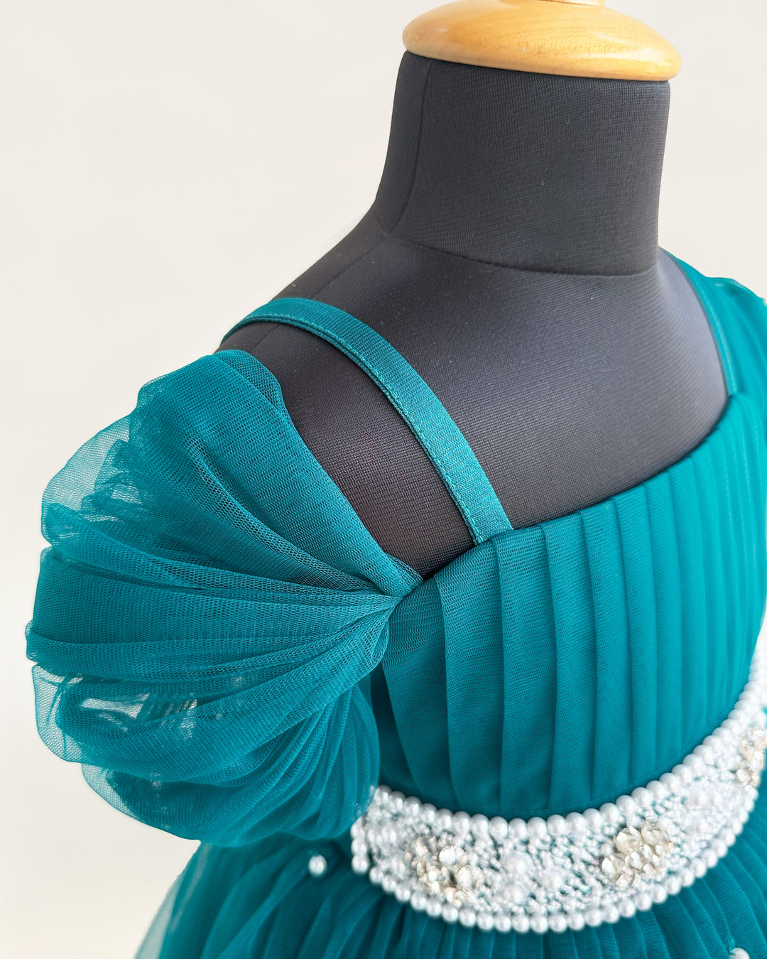 Teal Blue Pearl Handwork Cinderella Gown for Baby Girls, Birthday Dress