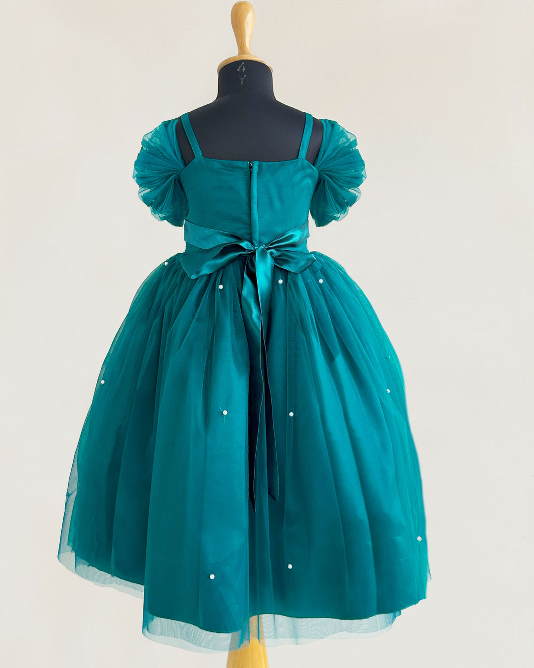 Teal Blue Pearl Handwork Cinderella Gown for Baby Girls, Birthday Dress