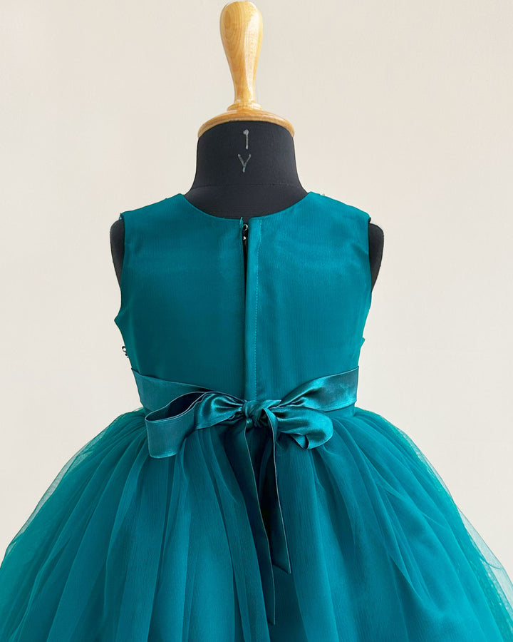Teal blue flower handwork pleated party dress for baby girls