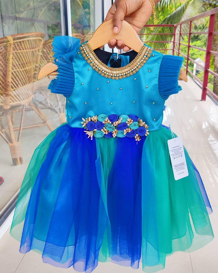 Peacock  Shade Handwork Flower Frock