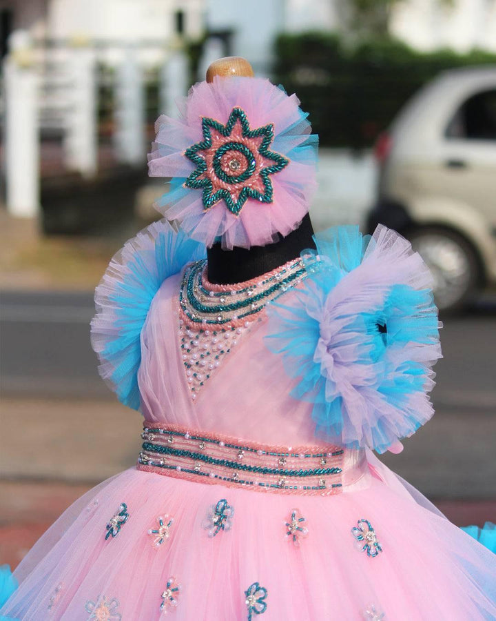 Baby Pink and Sky Blue shade heavy Party wear frock.
