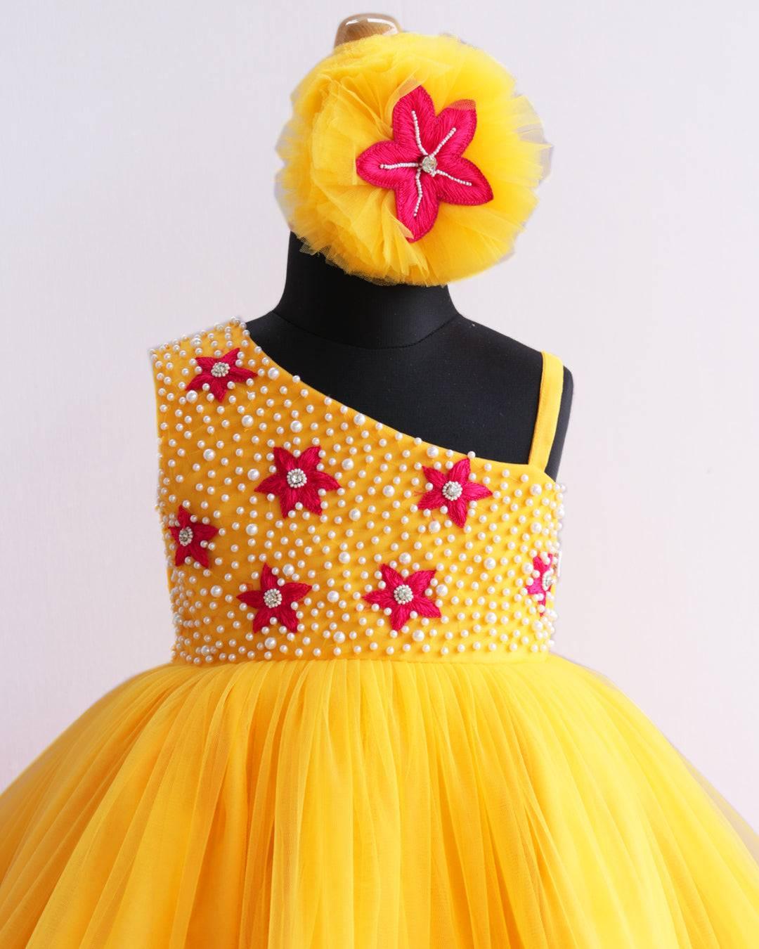 Mango Yellow & Magenta Combo Handwork Heavy Ruffles  Partywear Frock
