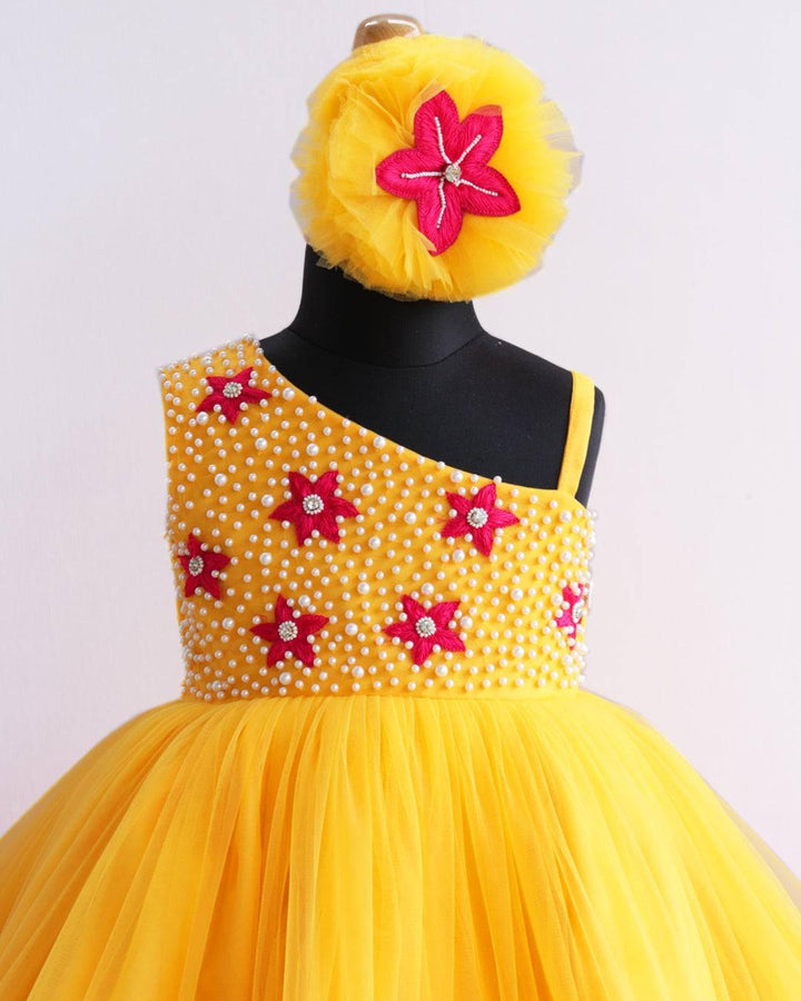 Mango Yellow & Magenta Combo Handwork Heavy Ruffles  Partywear Frock