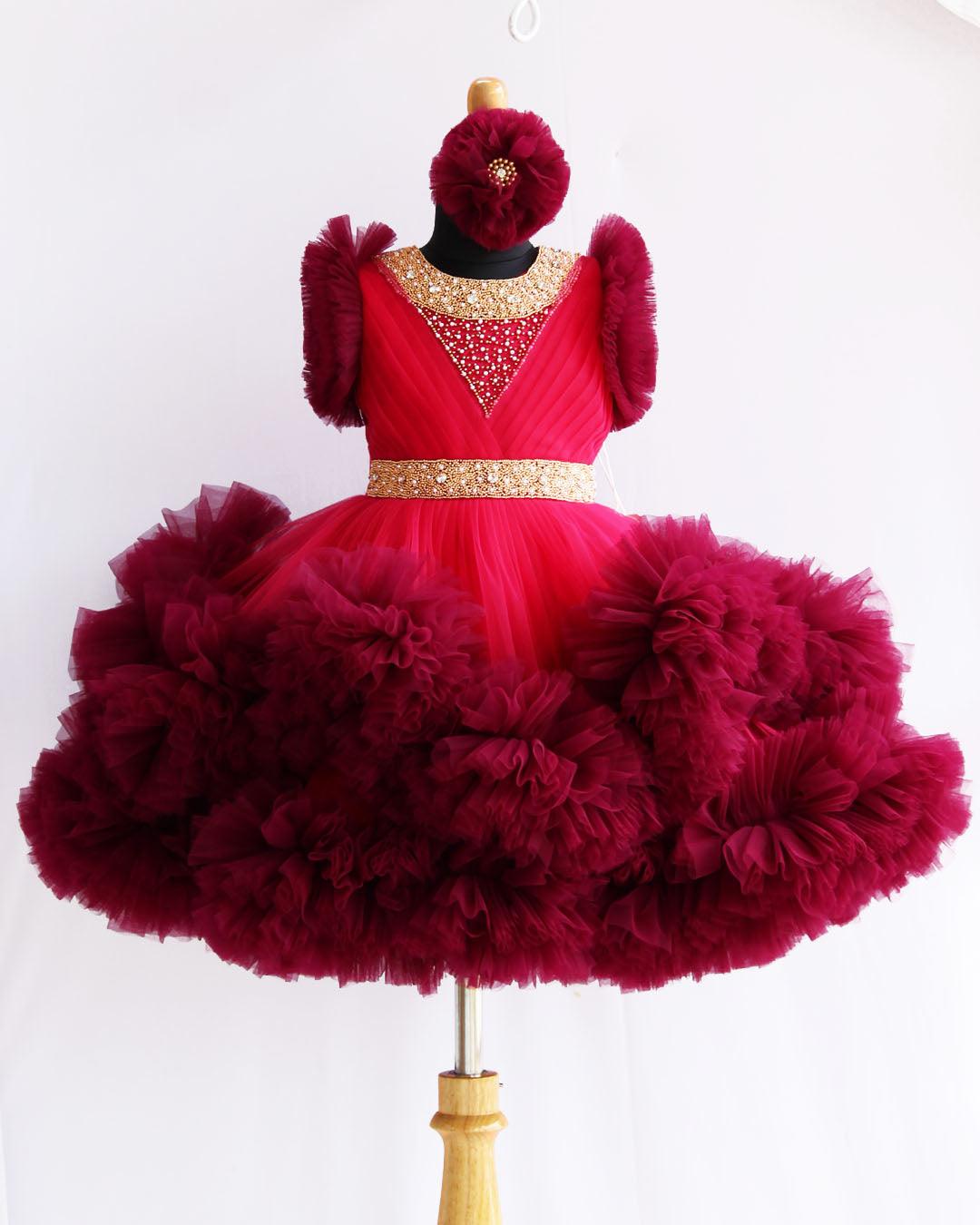 Rany Pink & Grapevine Handwork Two Layer Pleated Ruffles Frock – Match