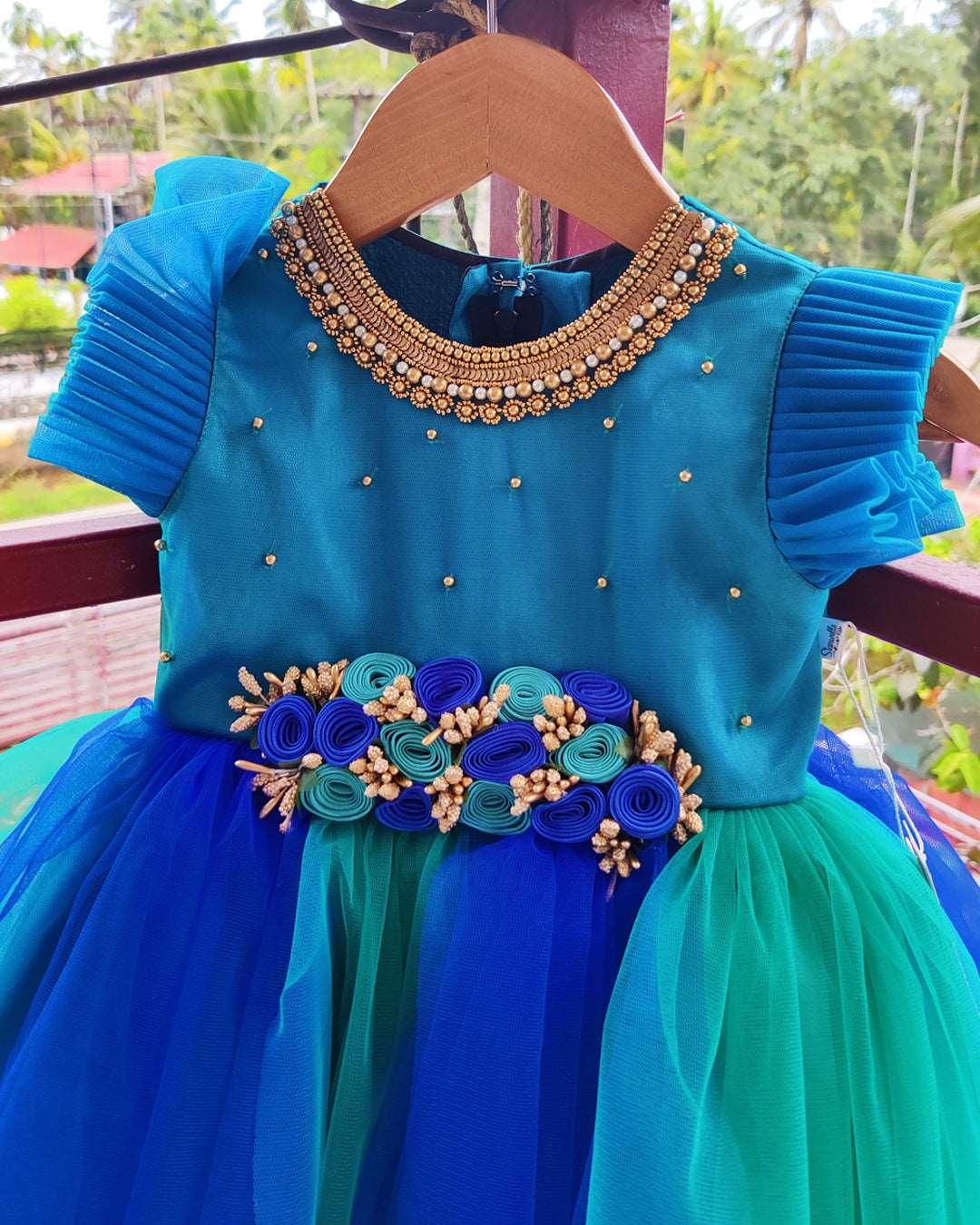 Peacock  Shade Handwork Flower Frock