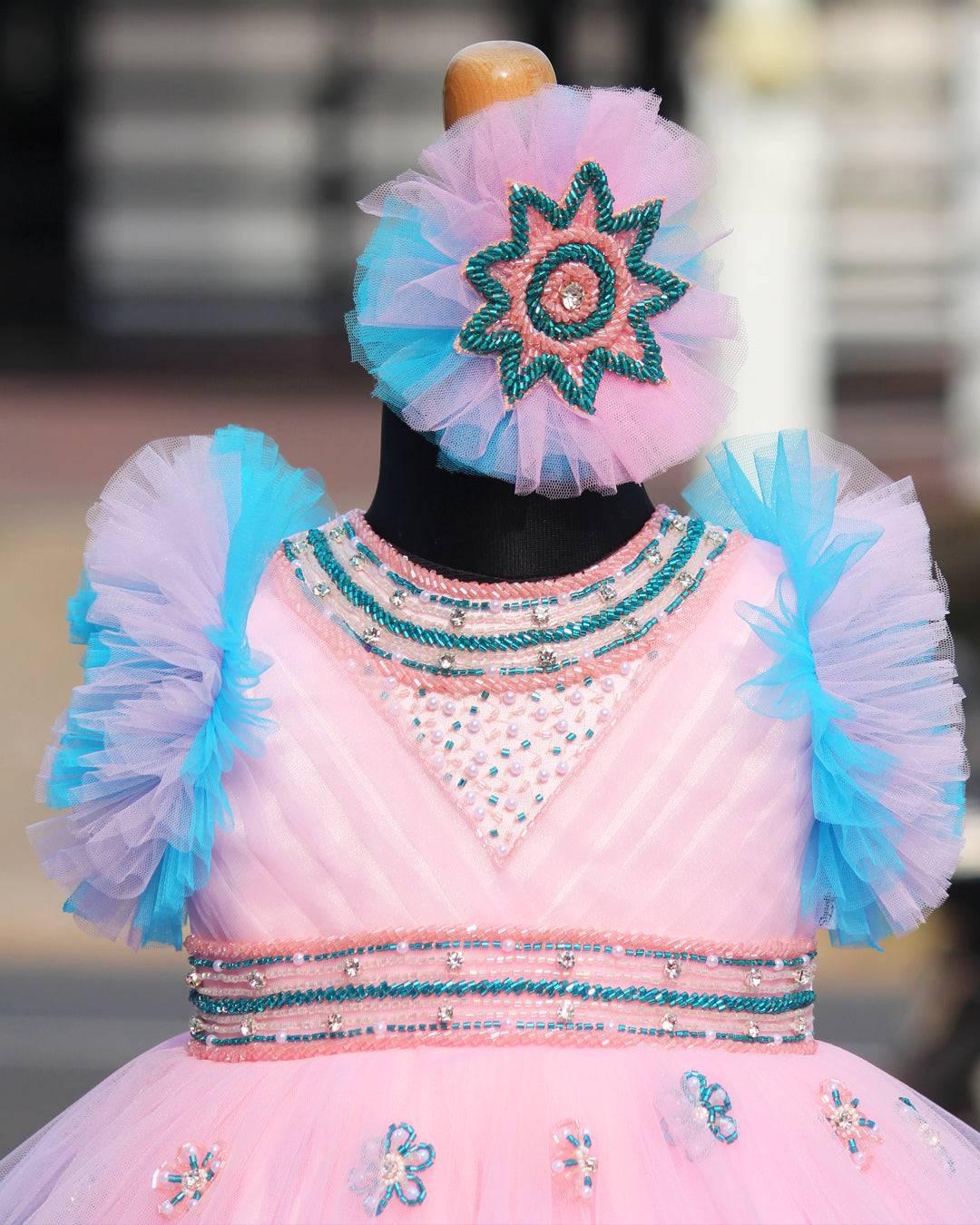 Baby Pink and Sky Blue shade heavy Party wear frock.