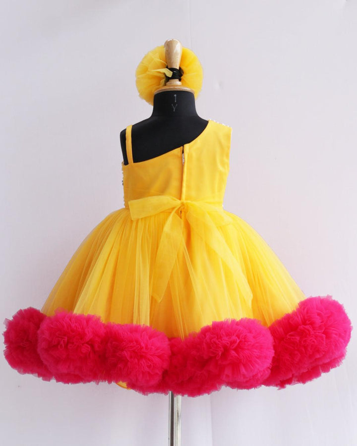 Mango Yellow & Magenta Combo Handwork Heavy Ruffles  Partywear Frock