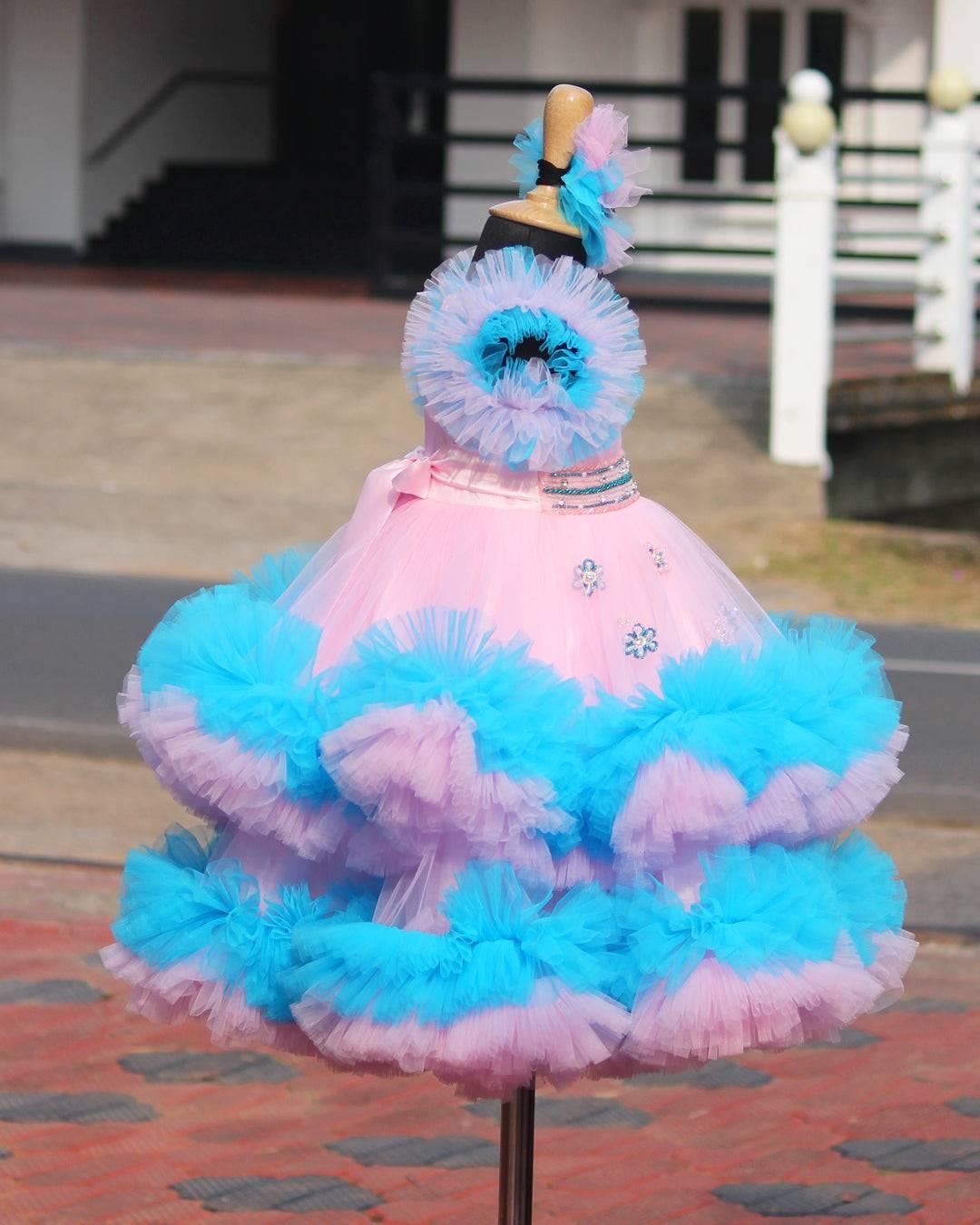 Baby Pink and Sky Blue shade heavy Party wear frock.