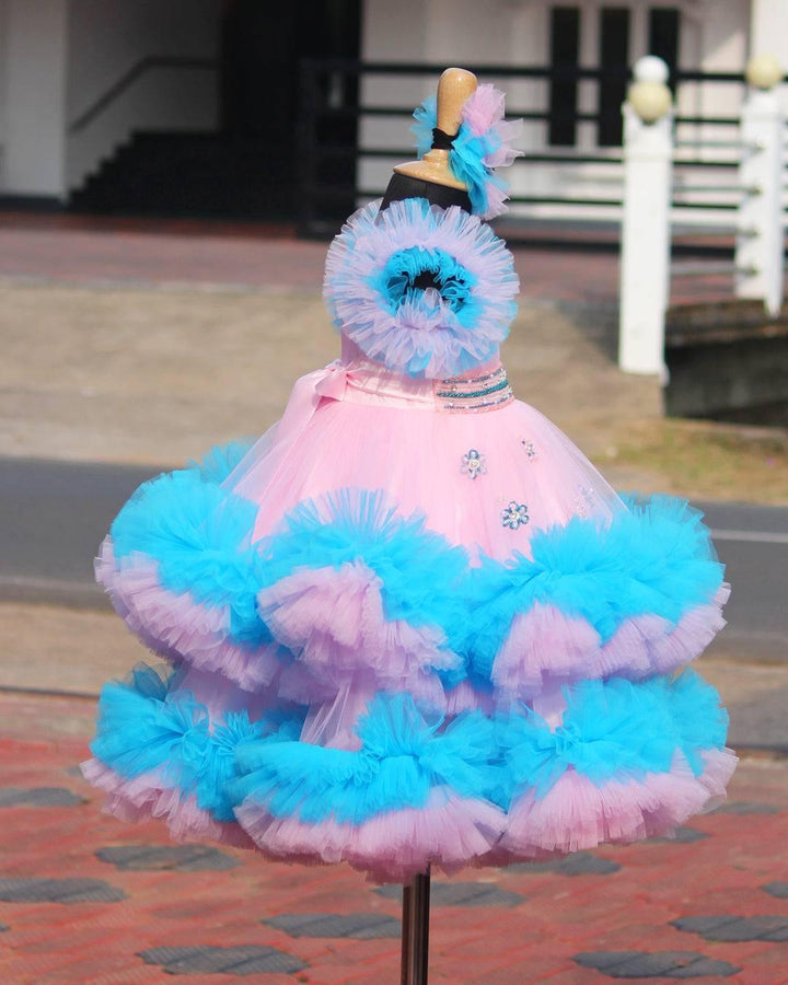 Baby Pink and Sky Blue shade heavy Party wear frock.