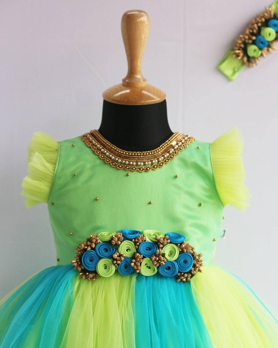 Pistagreen Skyblue Baby Girls Birthday Dress - Handwork Flower Party Frock