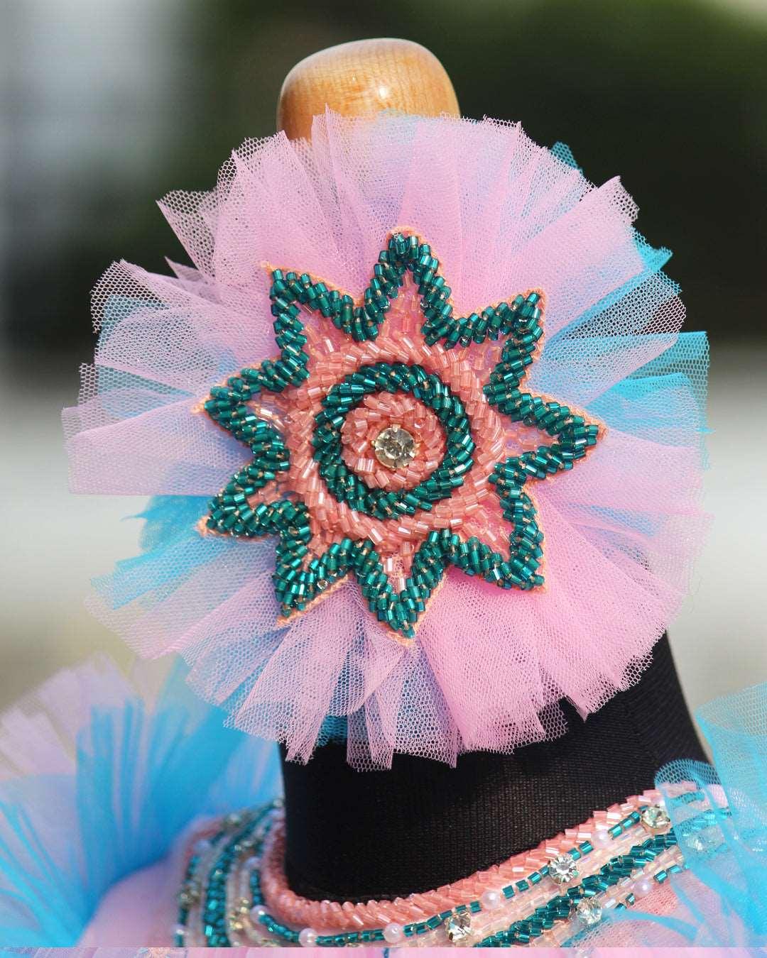 Baby Pink and Sky Blue shade heavy Party wear frock.