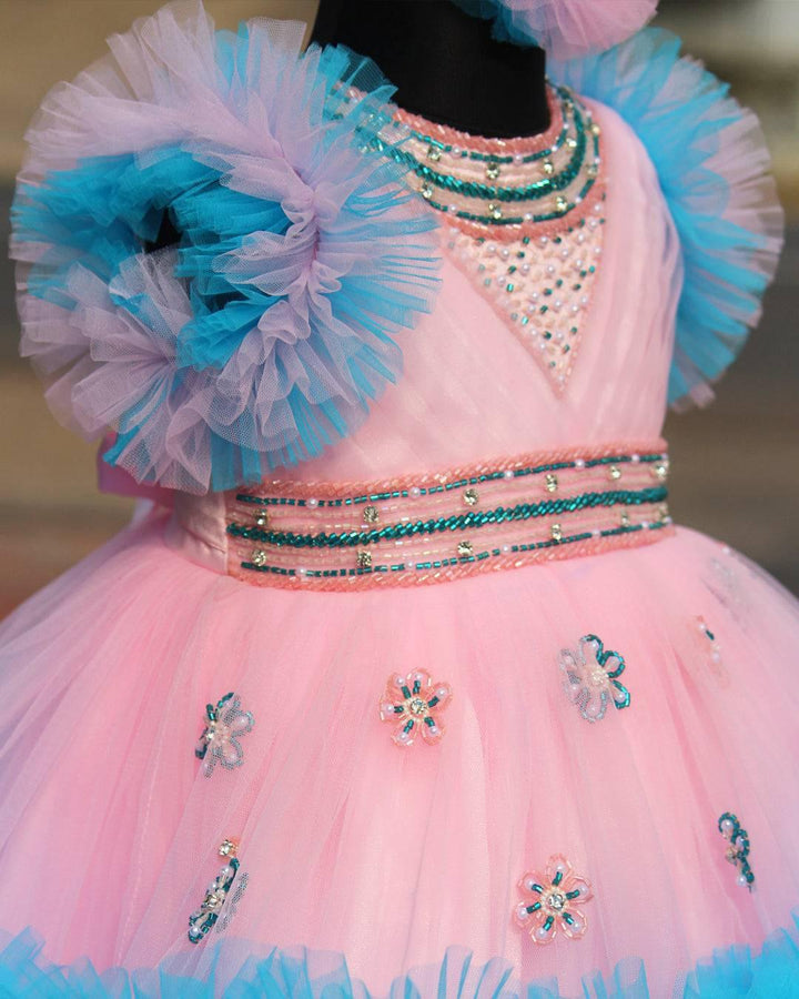 Baby Pink and Sky Blue shade heavy Party wear frock.