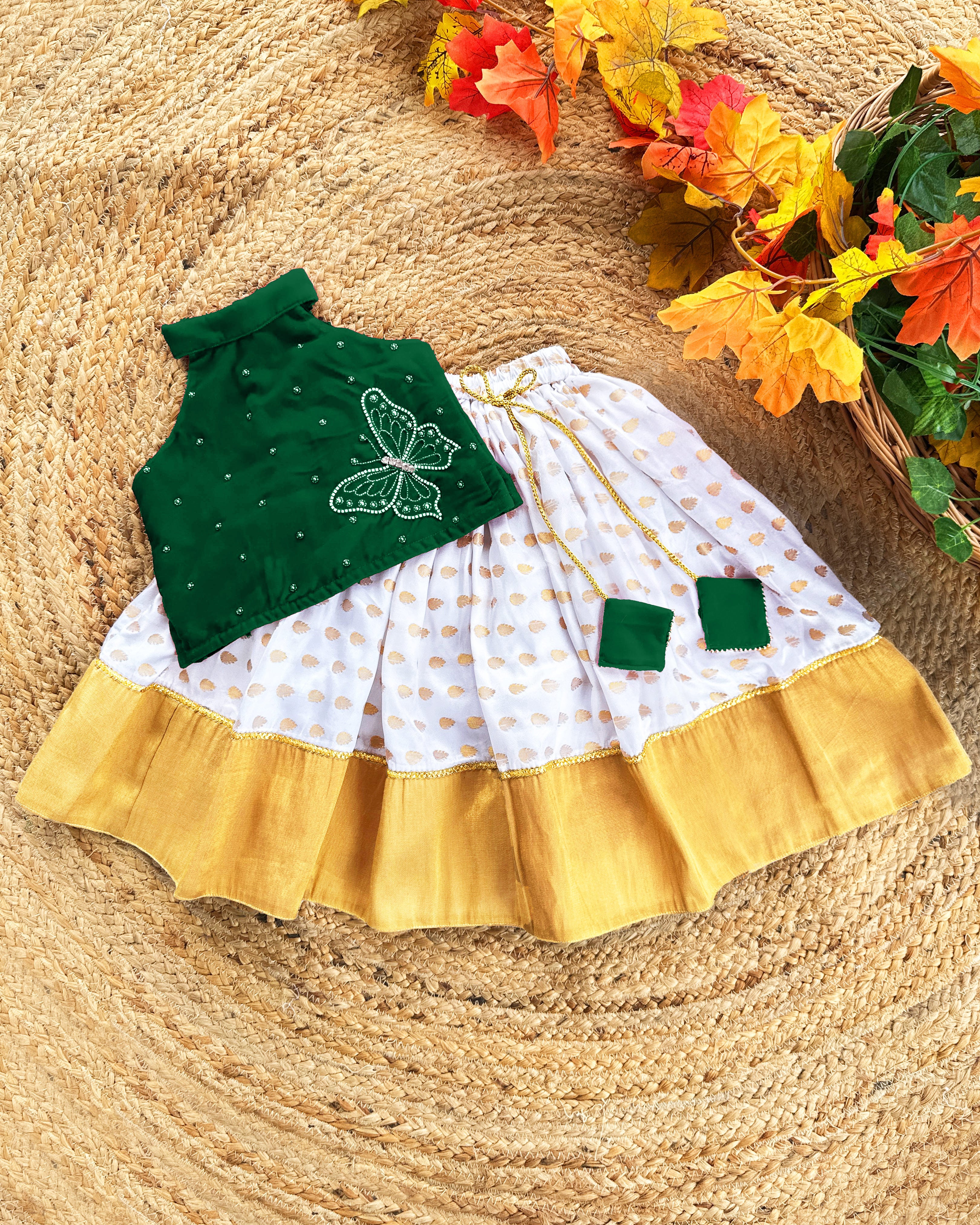 Baby Girls Birthday Dress – Kerala Kasavu Bottle Green Lehenga