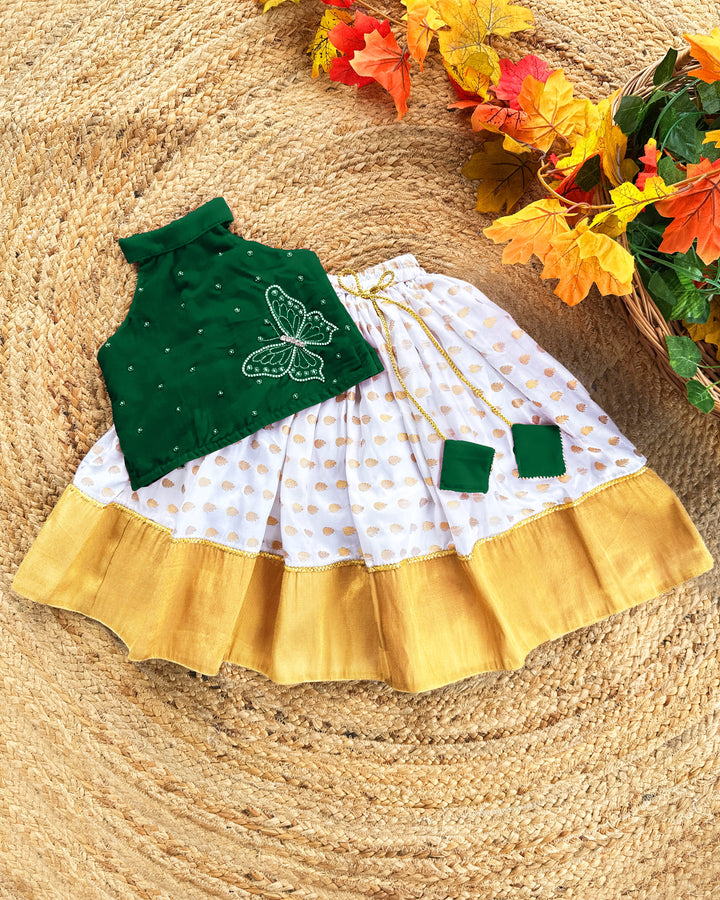 Baby girl birthday dress bottle green Kerala kasavu lehenga choli