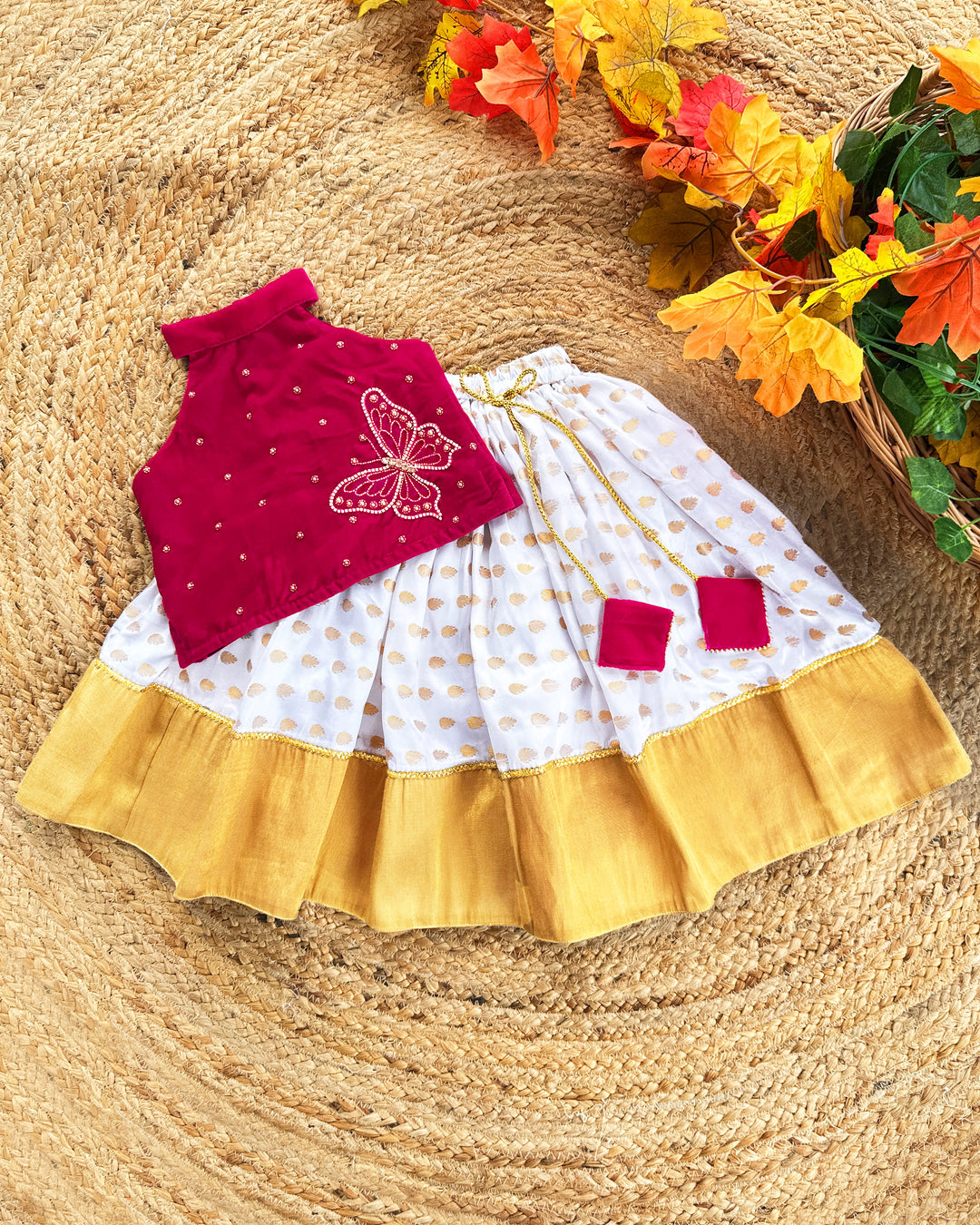 Baby girls cream pink birthday dress, Onam lehenga choli, butterfly handwork